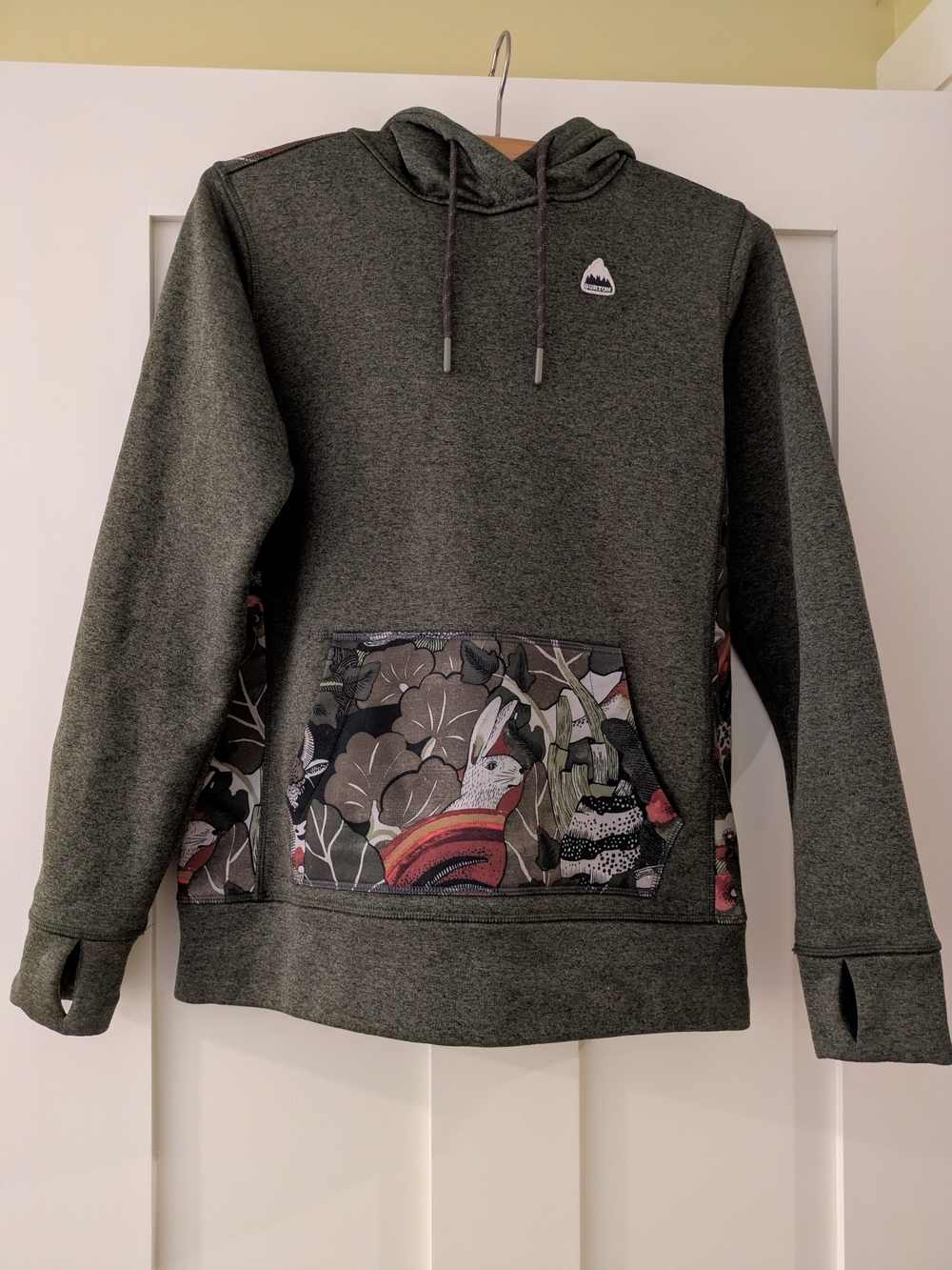 Burton Olive Hooded Pullover with Floral Patch Pocket